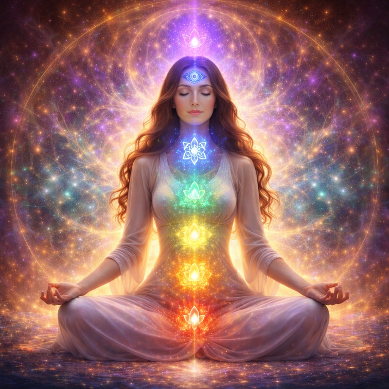 A painting of a woman meditating in a glow of light, the seven chakras shining along her body
