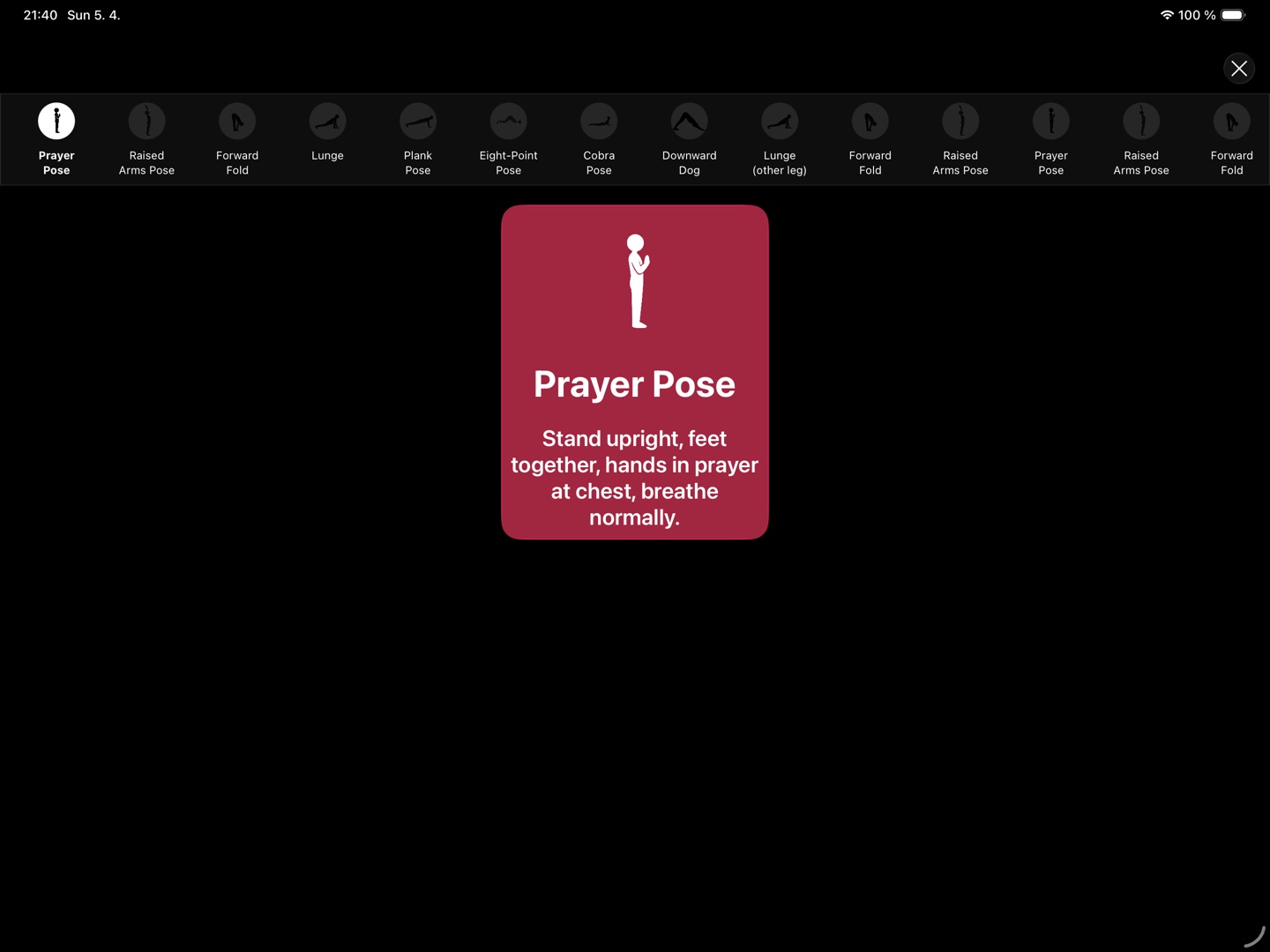 Sun Salutation on iPad: Prayer Pose, with the whole sequence along the top
