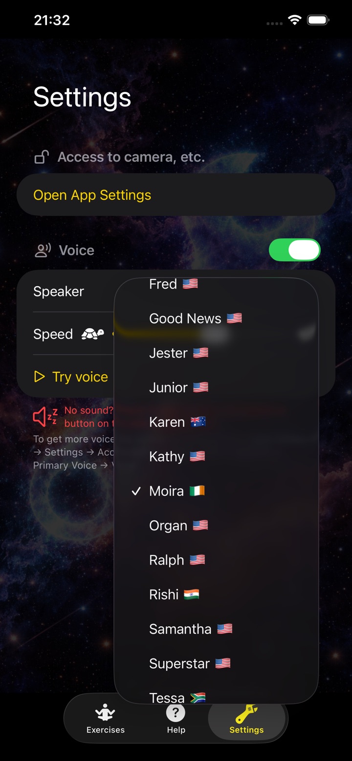 Any English voice on the device can lead the practice