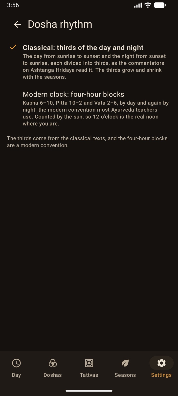 Two readings of the dosha clock
