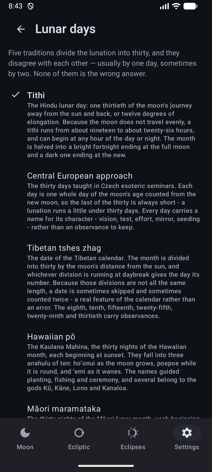 Five lunar calendars