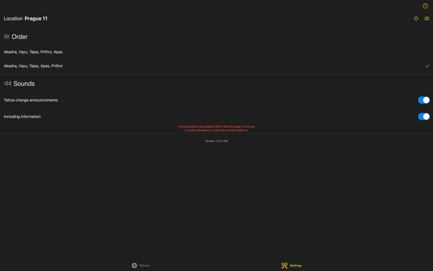 Settings: the order of the tattvas and the announcements