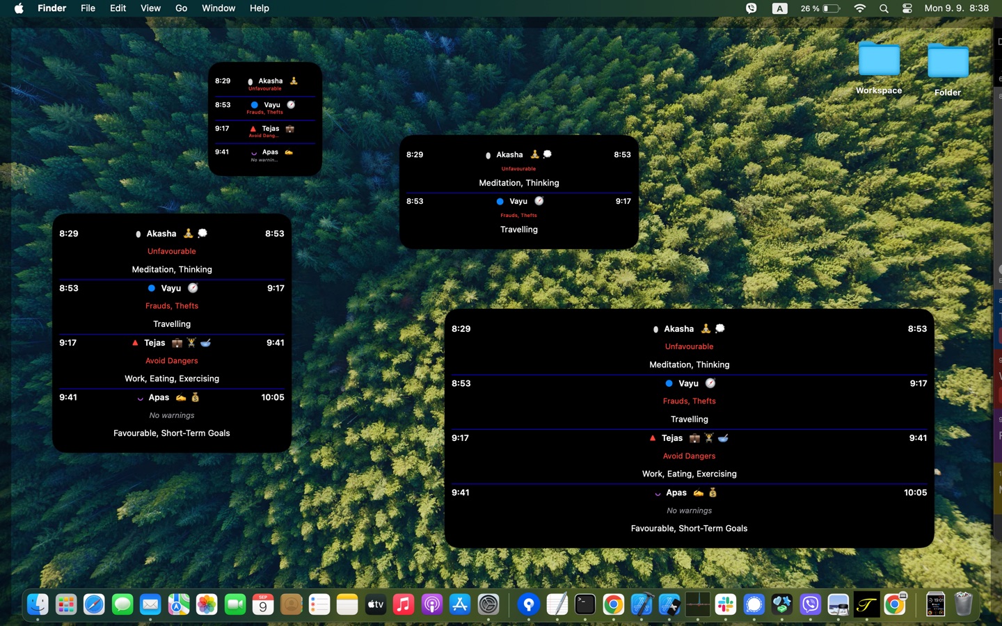 The widget in four sizes on the Mac desktop